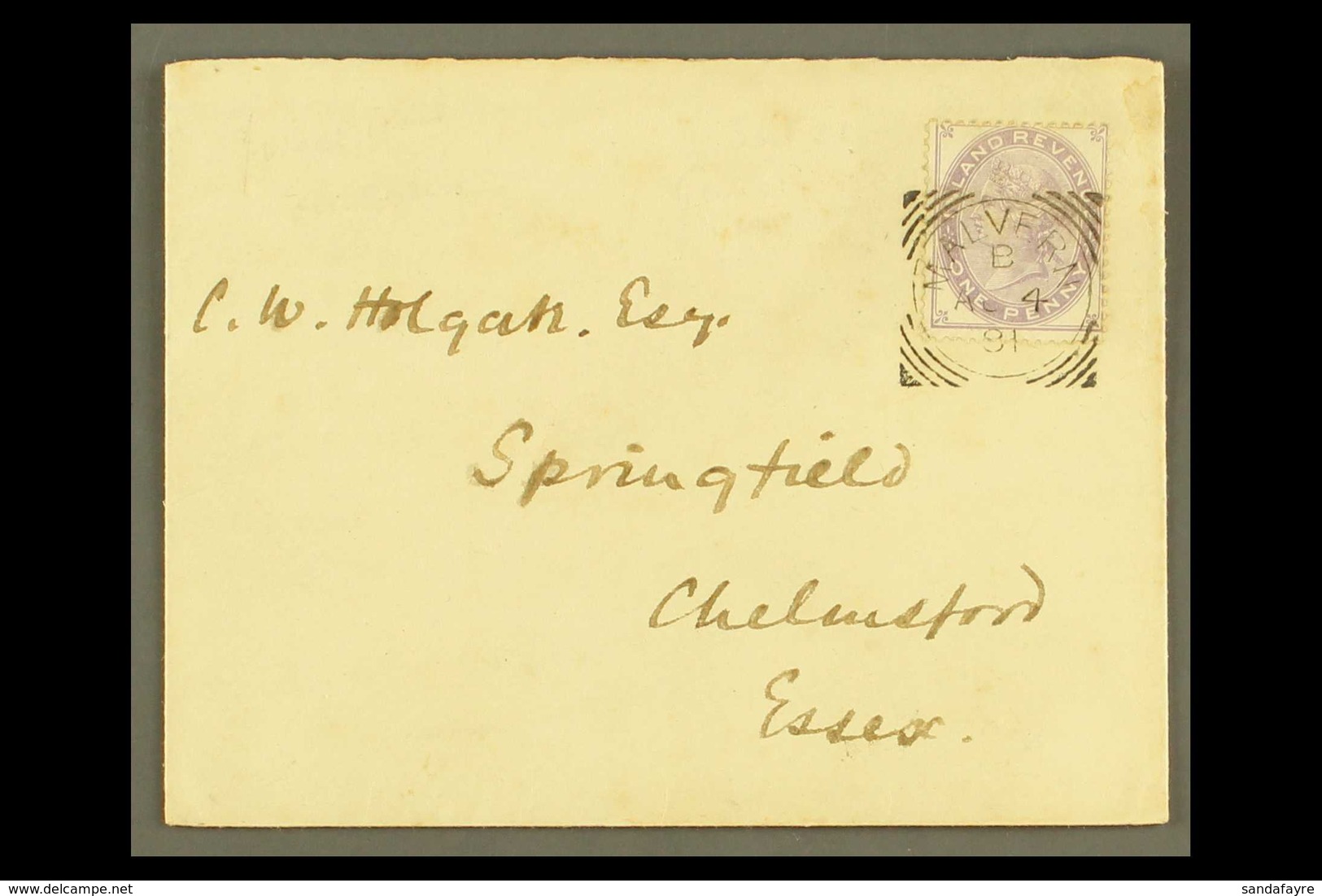 POSTAL FISCAL. 1891 (4 Aug) Env To Essex, Franked 1d Purple Postal Fiscal, SG F23, Fine Malvern Squared Circle Pmk. For  - Sonstige & Ohne Zuordnung