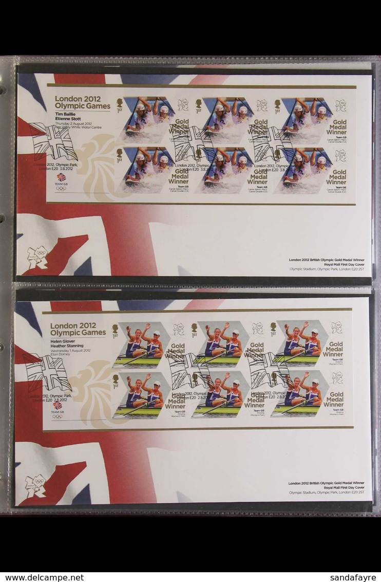 2012 OLYMPIC GAMES A Complete GOLD MEDAL WINNER Sheetlet Covers Collection. 29 Illustrated & Unaddressed Covers Bearing  - FDC