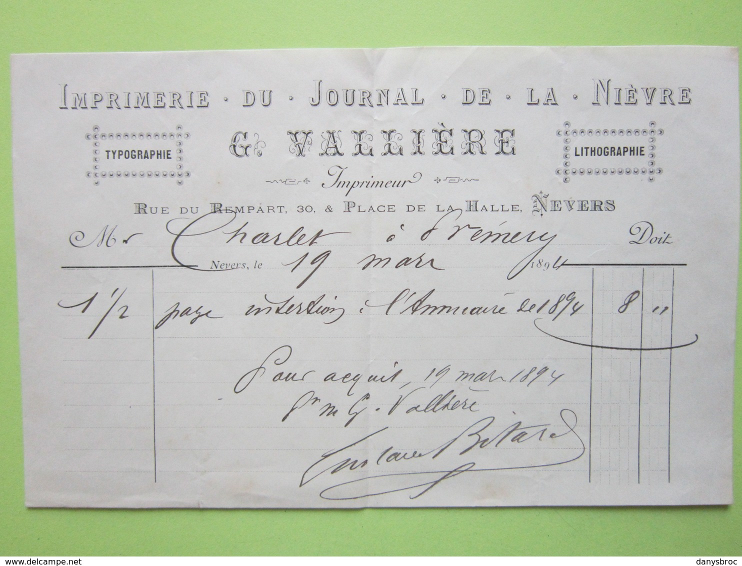 Imprimerie Du Journal De La Nièvre (58) G.VALLIERE Imprimeur - Reçu Du 19 Mars 1894 (SIGNATURE) - Facture, Document - Imprimerie & Papeterie