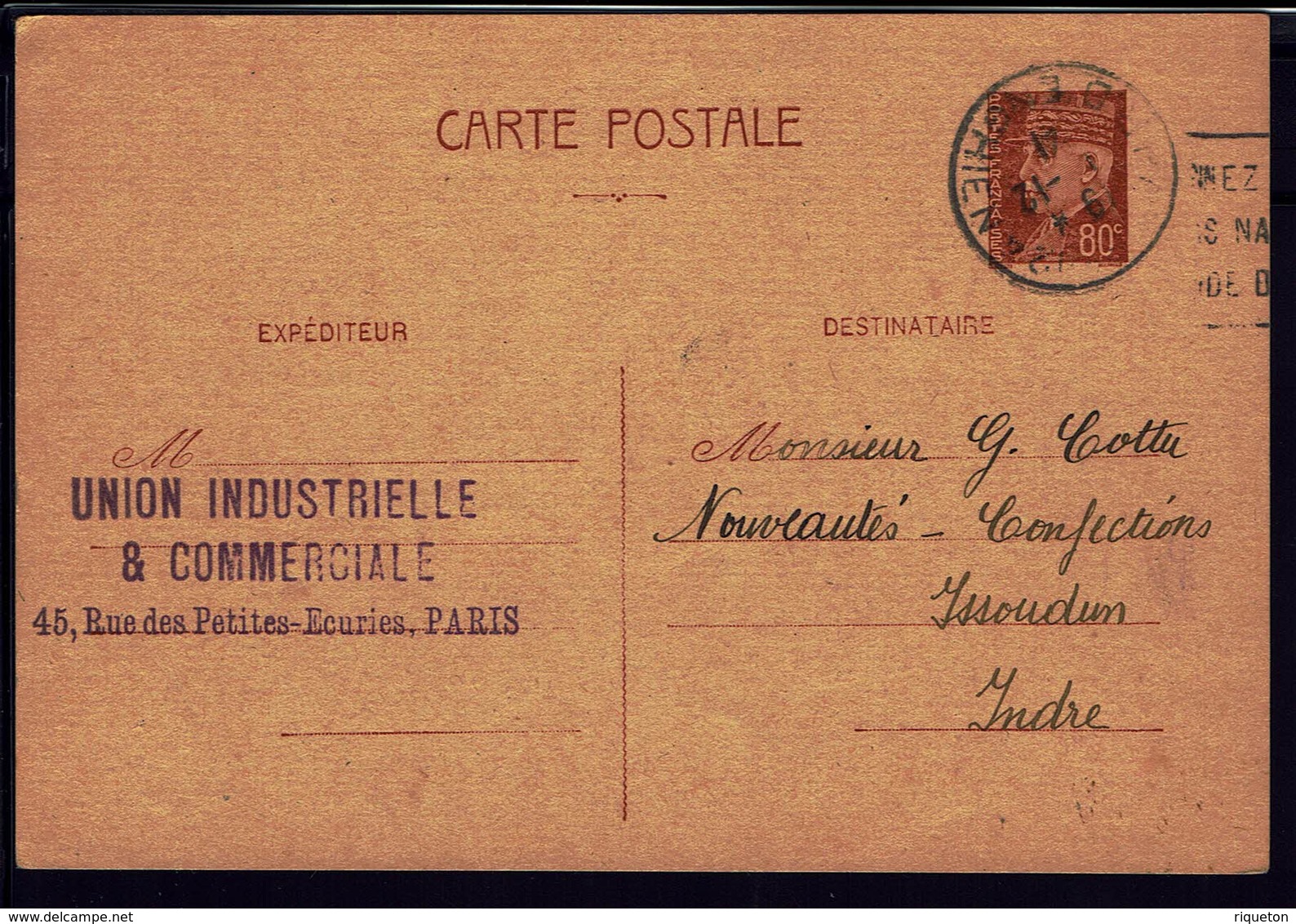 FR - 1941 - Entier Postal 80 Ct Rouge, Repiquage Commercial De Enghien Pour Issoudun - B/TB - - Bijgewerkte Postkaarten  (voor 1995)