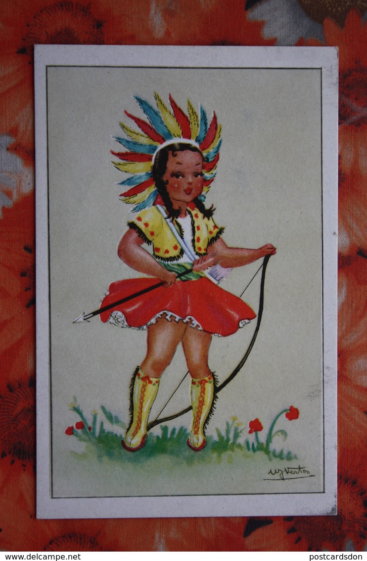 Little Indian Girl - OLD Belgium Postcard -1950s - ARCHERY - Archer - Tir à L'Arc