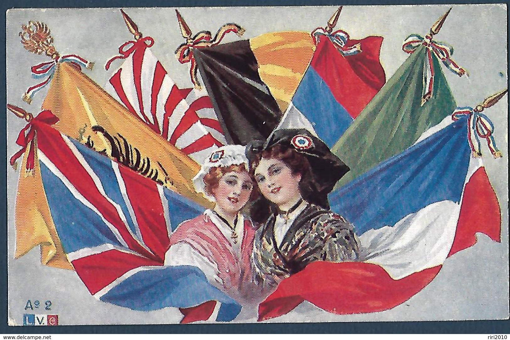 Dessin Patriotique - Alsacienne Et Drapeaux - 1919 - Patriotiques