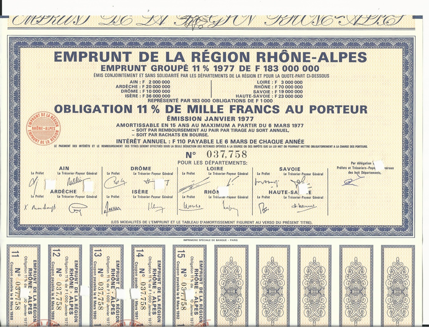 OBLIGATION EMPRUNT DE LA REGION RHONE-ALPES 1977 - 8 DEPARTEMENTS CONCERNES - Autres & Non Classés