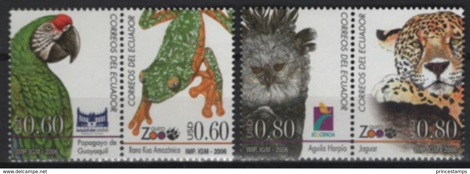 Ecuador (2006) Yv. 2017/20  / Eagle - Birds - Oiseaux - Vogel - Parrot - Jaguar - Felins - Wild Cats - Águilas & Aves De Presa