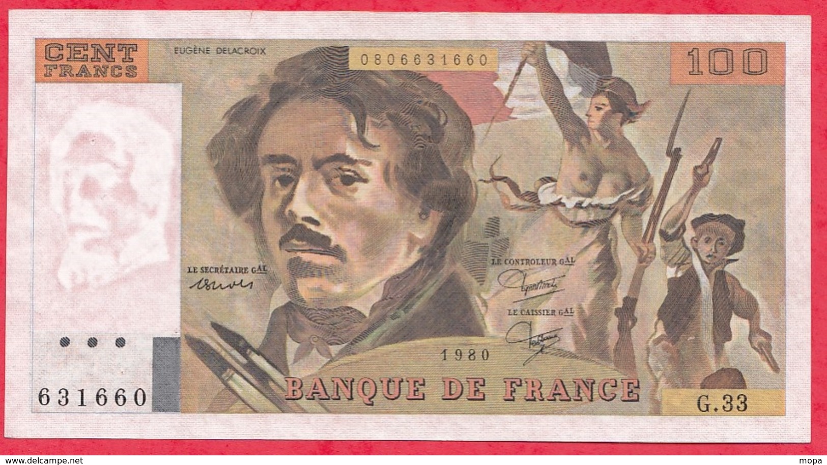 100 Francs "Delacroix" 1980 Série G.33 ---XF/SUP---AUCUN TROU D EPINGLE--PETITE COUPURE A 11H50 - 100 F 1978-1995 ''Delacroix''