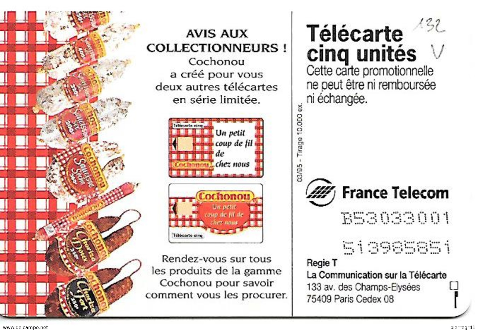 CARTE-PRIVEE-5U-03/95-GN132-GEMA-COCHONOU TORCHON-UTILISEE-TBE LUXE - 5 Units