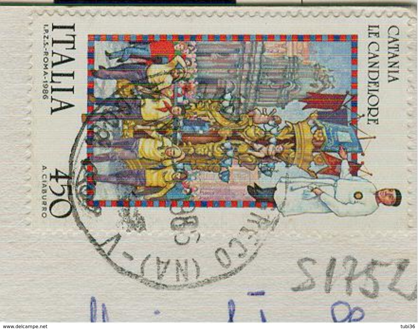 FOLCLORE CATANIA CANDELORE LIRE 450 ,S 1752, ISOLATO IN TARIFFA SU CARTOLINA,1986, POMPEI, SCAVI,ARCO DI GERMANICO - 1981-90: Storia Postale