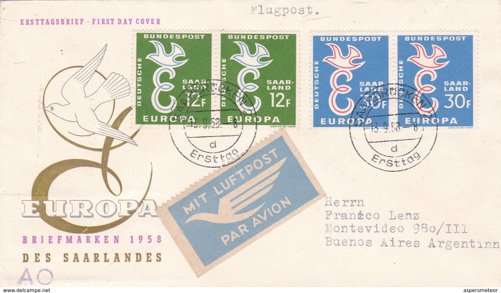 EUROPA BRIEFMARKEN DES SAALANDES STAMP A PAIR  2 COLOURS  PAR AVION OBLITERE SAARBRUCKEN 1958- BLEUP - Autres & Non Classés