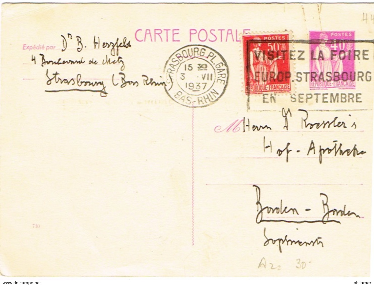 France Entier Postal Stationery Pret A Poster Carte Postale Flamme Visitez Foire Europeenne Septembre Place Gare Rhin BE - Standard Postcards & Stamped On Demand (before 1995)