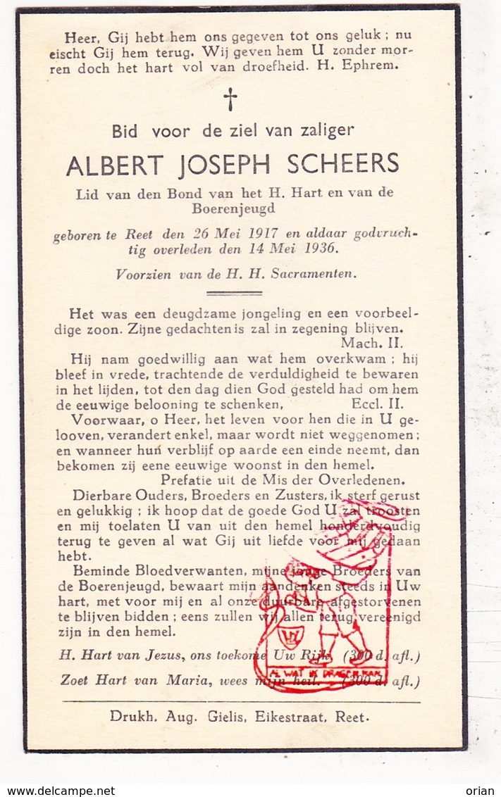 DP Albert J. Scheers 19j. ° Reet Rumst 1917 † 1936 - Images Religieuses