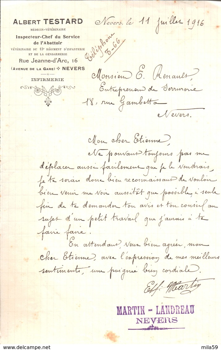 Albert Testard. Inspecteur Chef Du Service De L'abattoir. Infirmerie. Adressé à Etienne Renault. Nevers. 1916. - 1900 – 1949