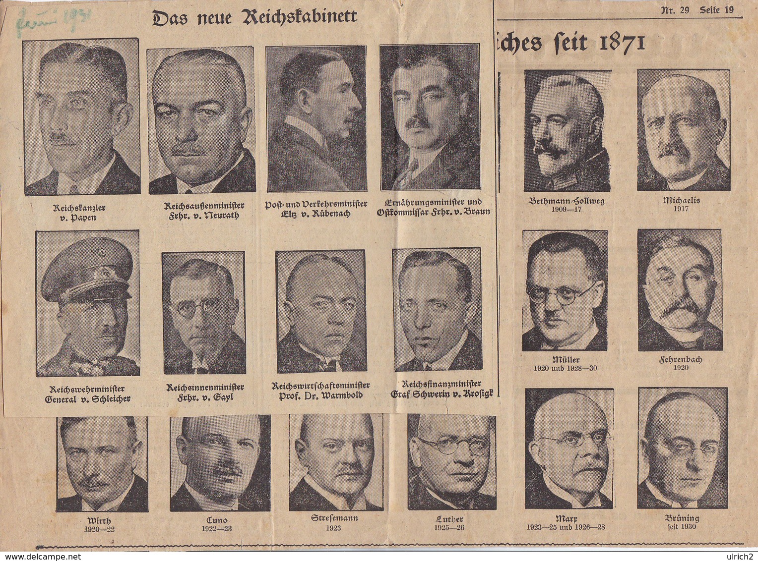 Das Neue Reichskabinett - Die Kanzler Des Deutschen Reiches Seit 1871 - Zeitung Von 1931 (37139) - Politica Contemporanea