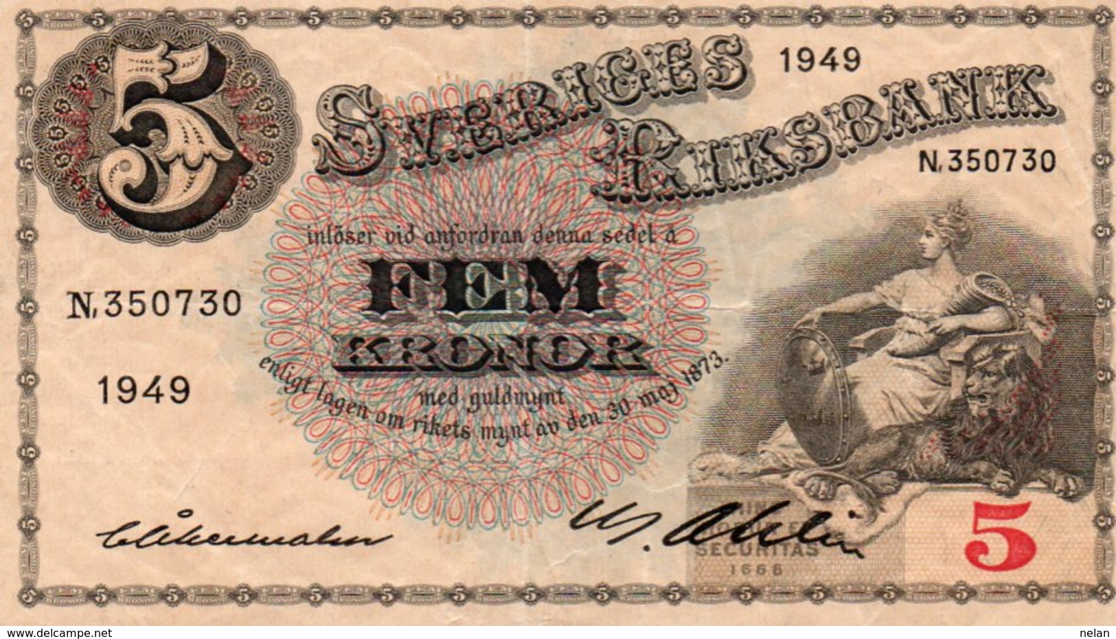 SVERIGES-SWEDEN 5 KRONOR 1949 P-33 XF - Suède