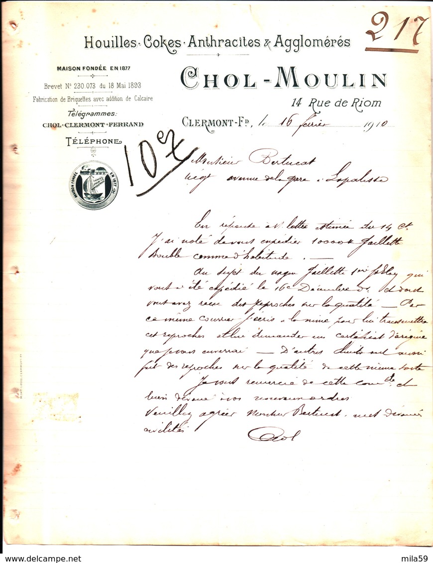 Houilles. Cokes. Anthracites & Agglomérés. Chol Moulin. Adressé à M. Bertucat à La Palisse. Clermont Ferrand. 1910 - 1900 – 1949