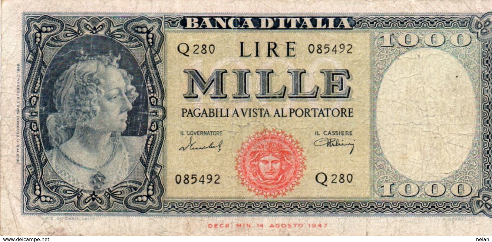 ITALIA-1,000 Lire (Medusa)-1947  P-83  VG - 1000 Lire