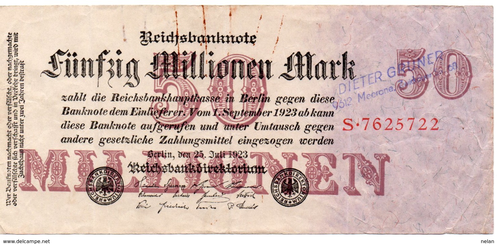 GERMANIA-REICHSBANKNOTE-50 MILLIONEN MARK 1923-UNIFACE - 50 Millionen Mark