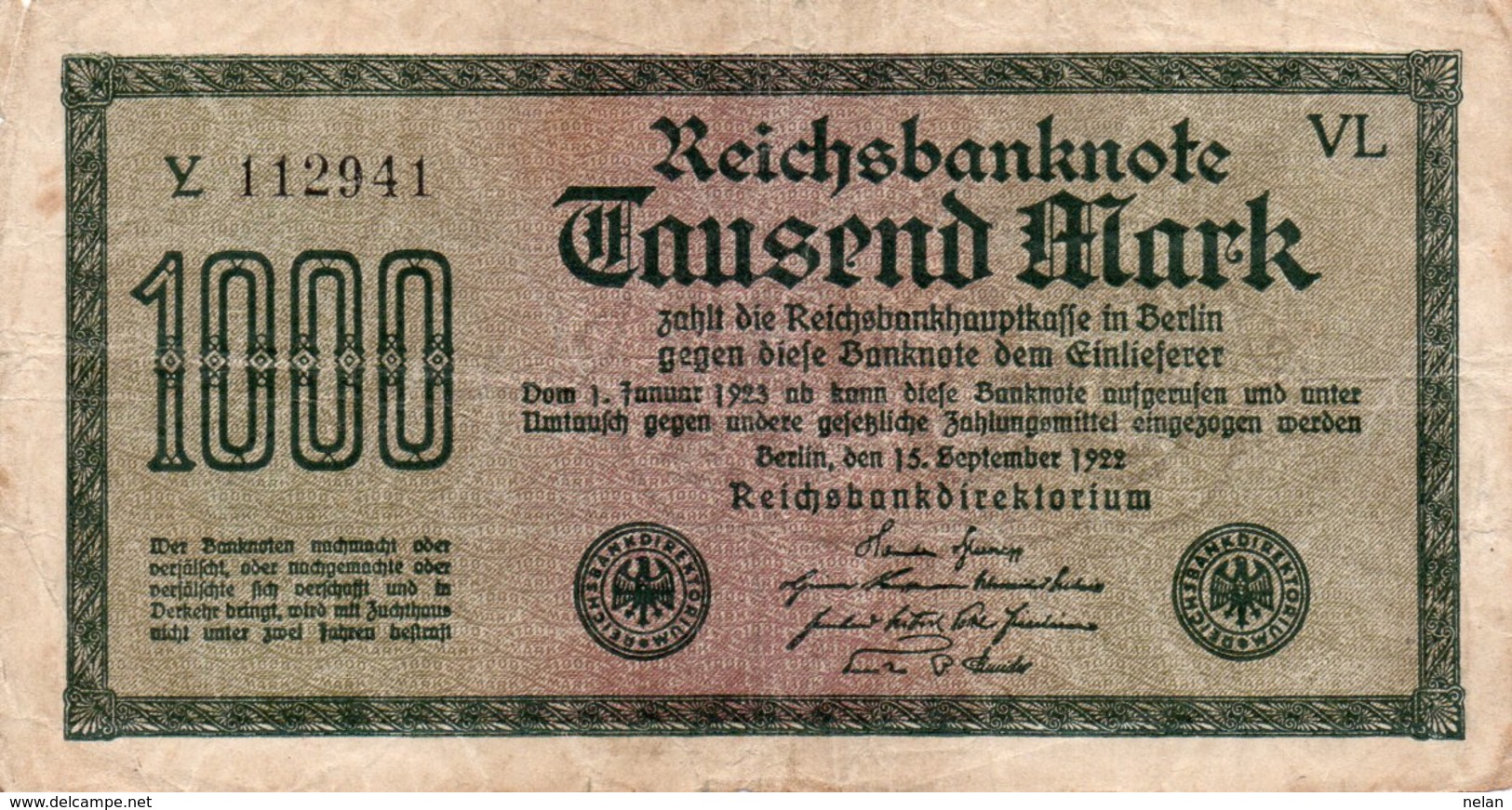 GERMANIA-REICHSBANKNOTE-1000  MARK 1922 - 1000 Mark