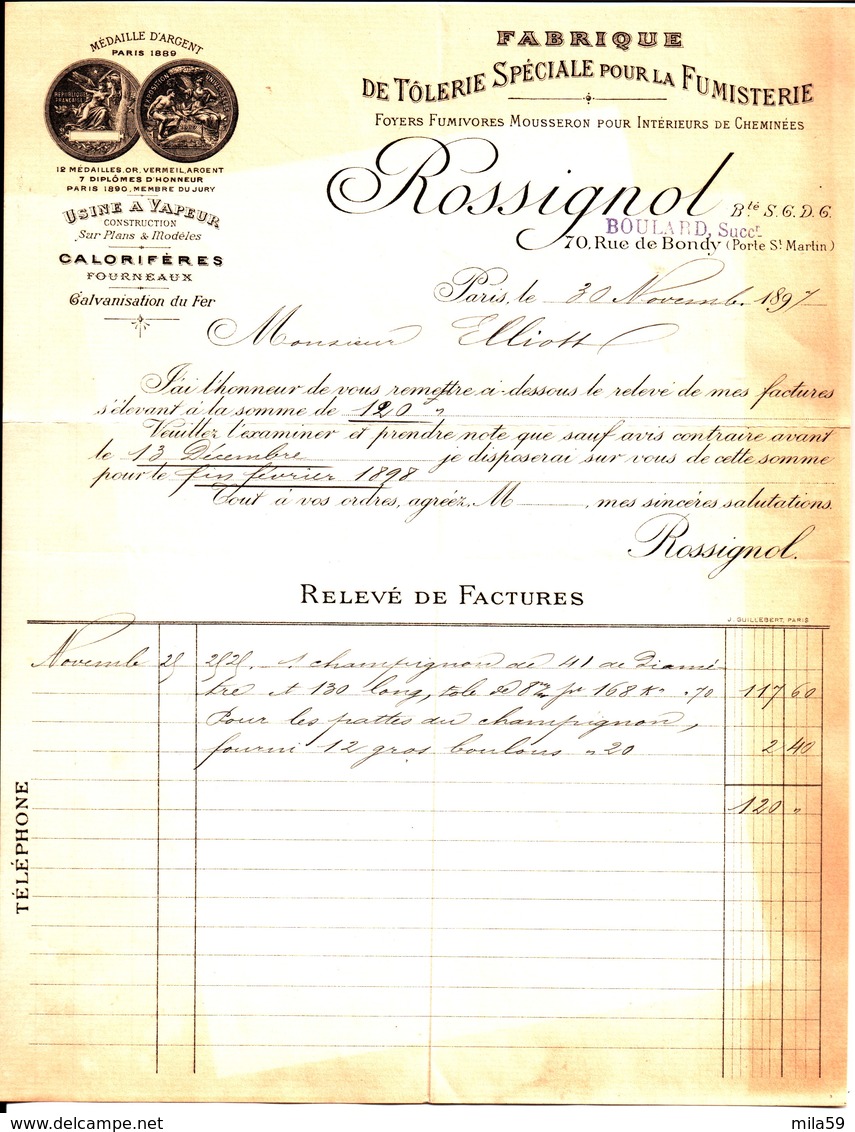 Rossignol. Boulard Successeur. Fabrique De Tolerie Pour La Fumisterie. Paris. 1897. à M. Elliott. 1897. - 1800 – 1899