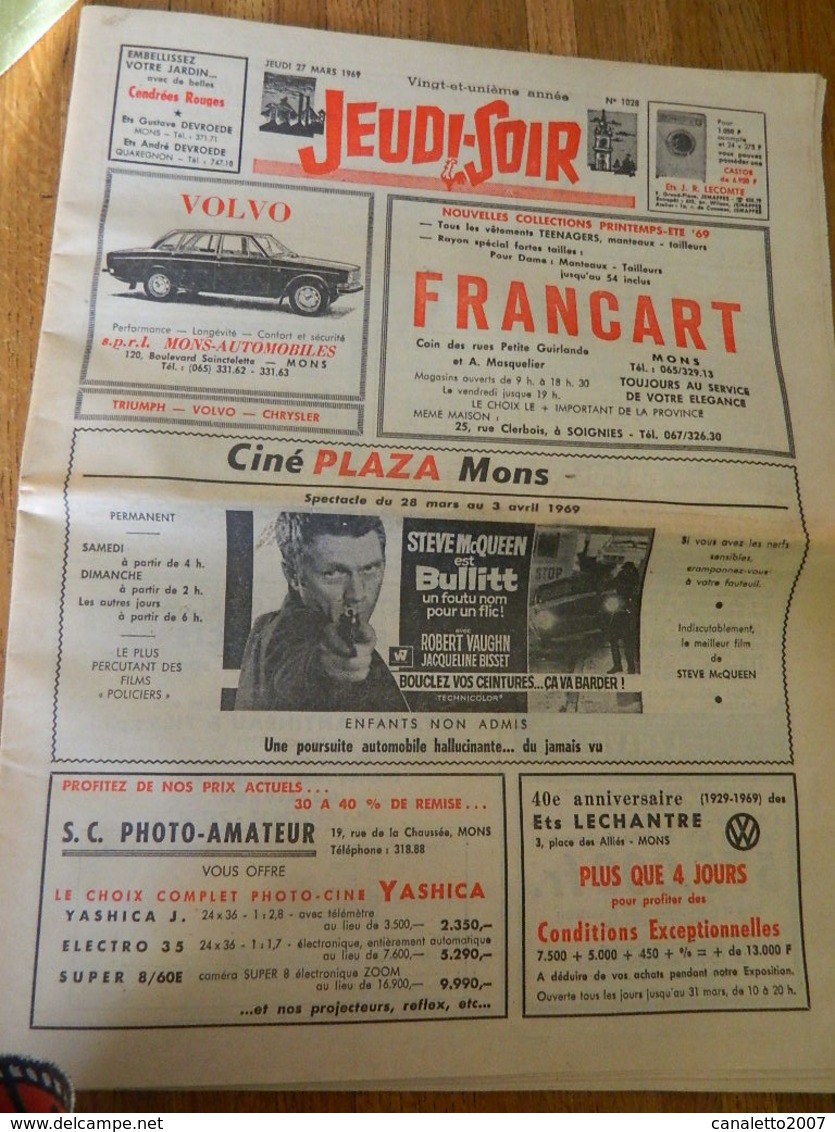 CINEMA +MONS:TRES RARE JEUDI SOIR DU JEUDI 27 MARS 1969 AVEC DES PUBLICITES DE CINEMA DE MONS AVEC BULLITT-ETC.... - Publicité Cinématographique