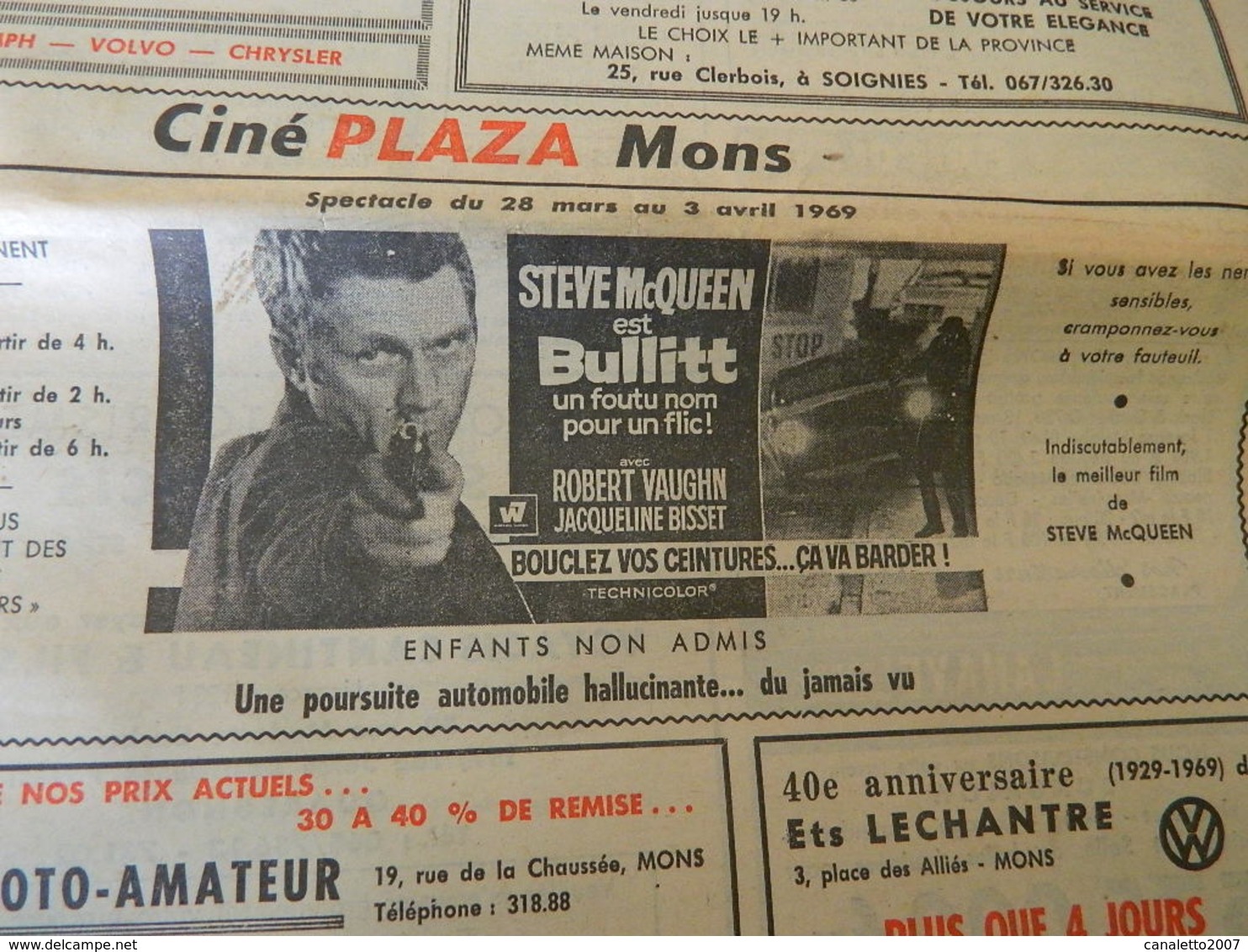 CINEMA +MONS:TRES RARE JEUDI SOIR DU JEUDI 27 MARS 1969 AVEC DES PUBLICITES DE CINEMA DE MONS AVEC BULLITT-ETC.... - Publicité Cinématographique