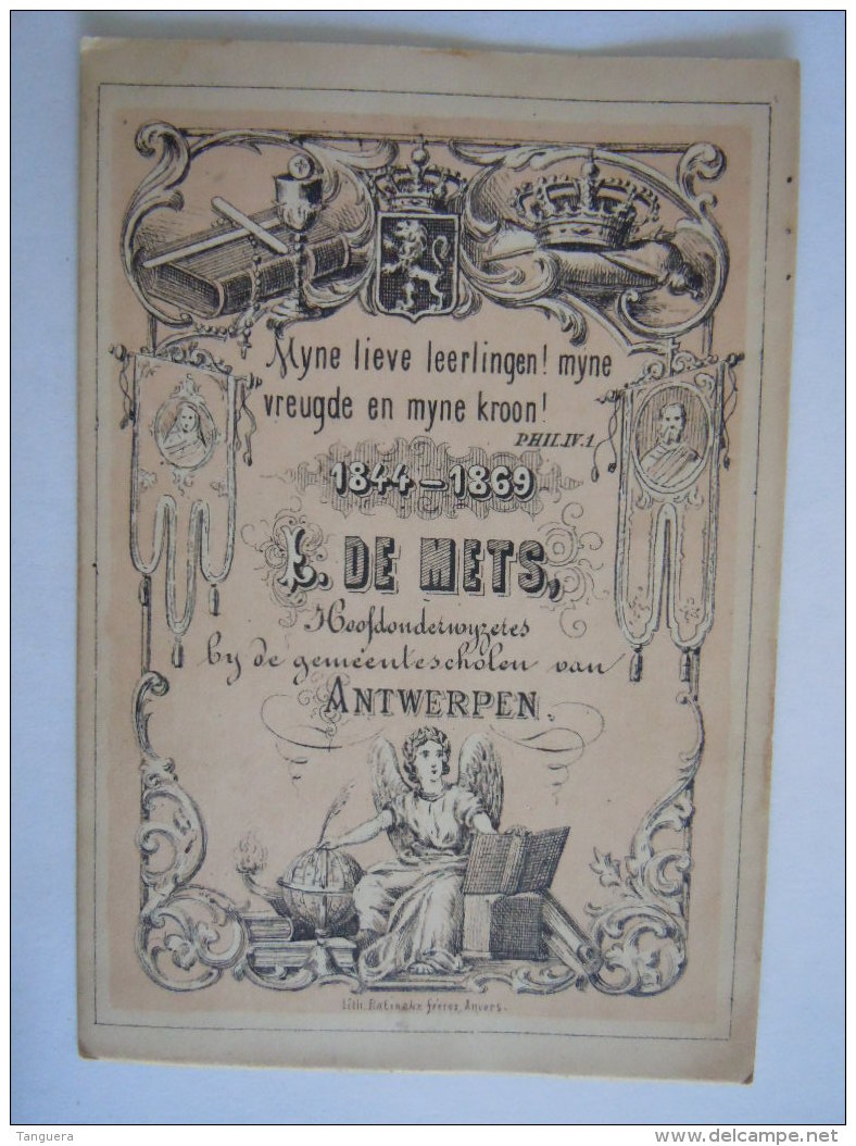 Kaartje 1869 25 Jubileeum L. De Mets Hoofdonderwijzeres Bij De Gemeentescholen Van Antwerpen Form: 8,5 X 12,5 Cm - Historische Documenten