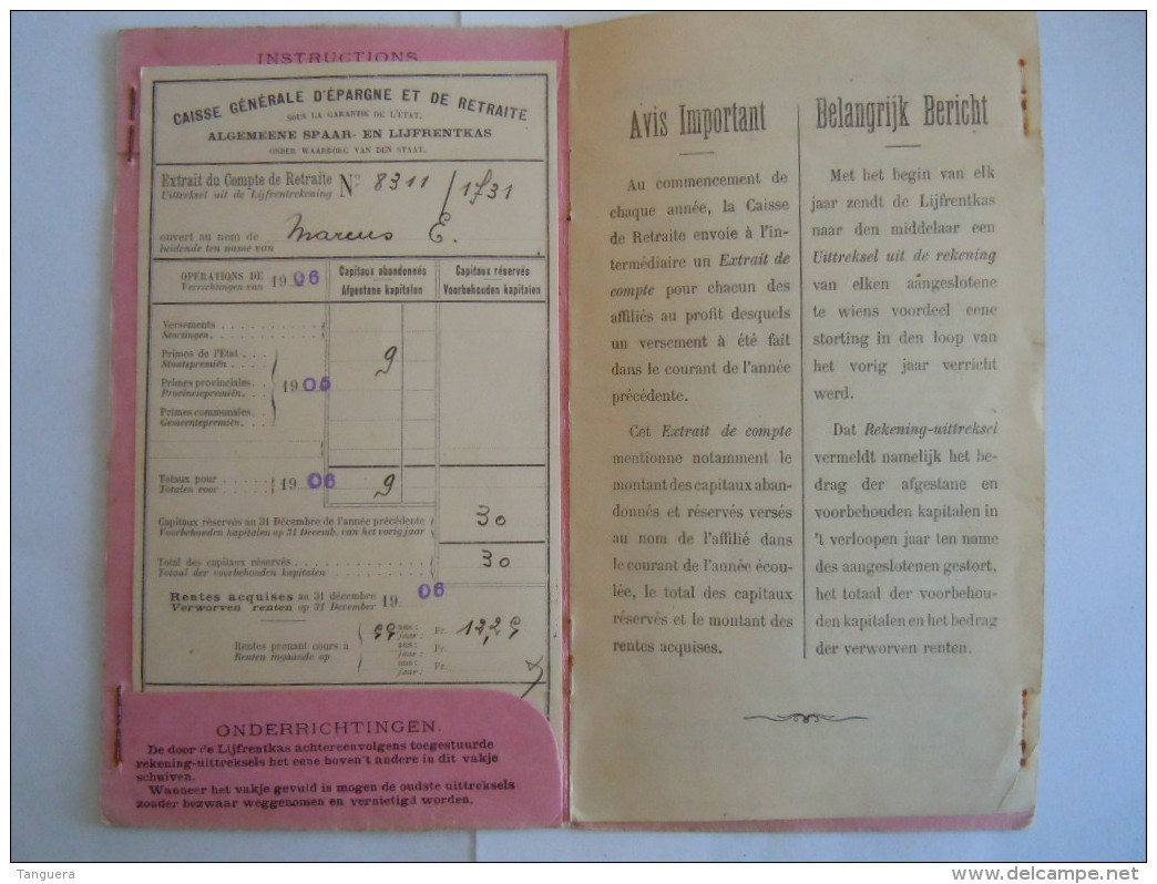 Livret De Retraite Lijfrenteboekje ASLk CGER 5 De Ligne 1906 Extrait De Compte De Retraite - Bank & Versicherung