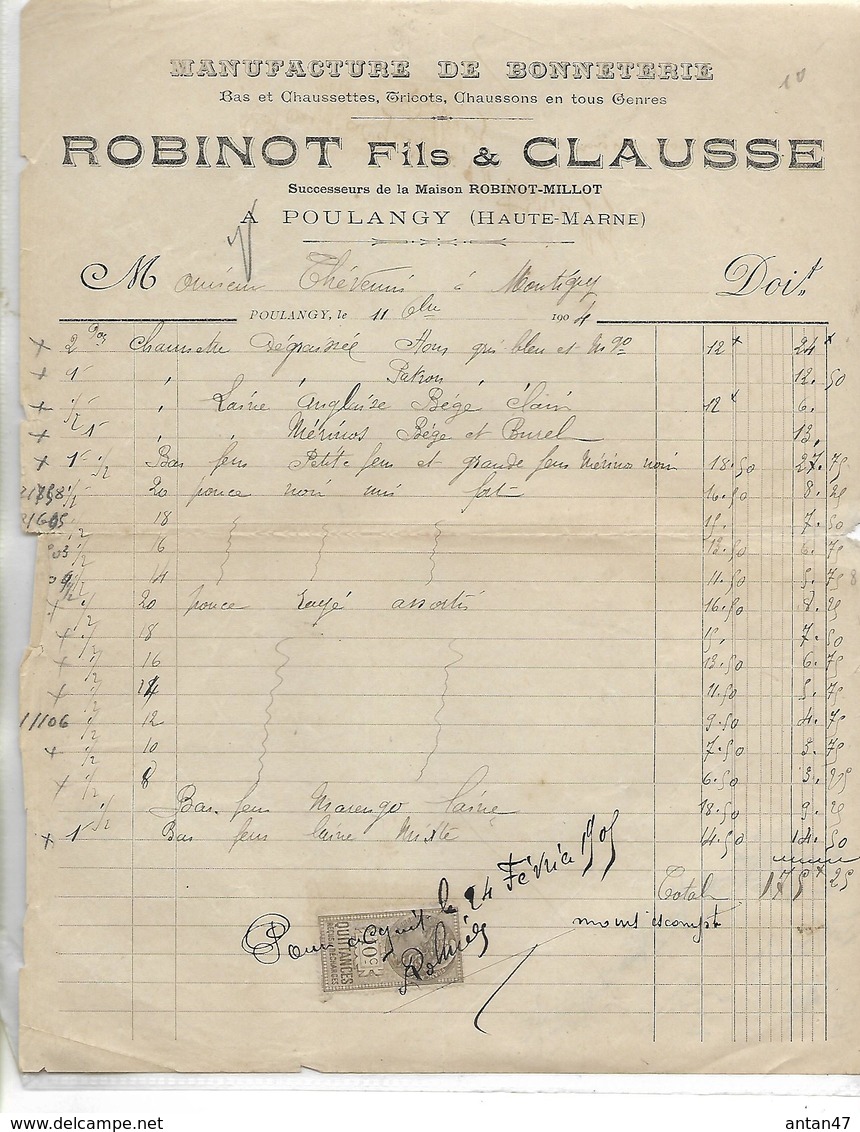 Facture 1904 / 52 POULANGY / ROBINET & CLAUSSE/ ROBINOT-MILLOT / Manufacture De Bonneterie - 1900 – 1949