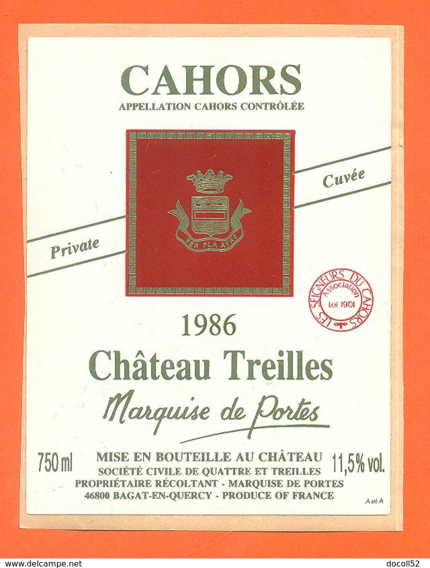 étiquette Autocollante Sur Support Cahors Chateau Treilles 1986 Marquise De Portes à Bagat En Quercy - 75 Cl - Cahors