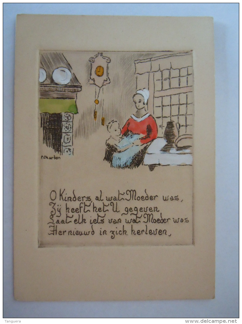 P. Chardon Handgemaakt Moeder Met Kind En Vlaamse Spreuk Formaat Tekening 8,2 X 10,3 Cm - Europe