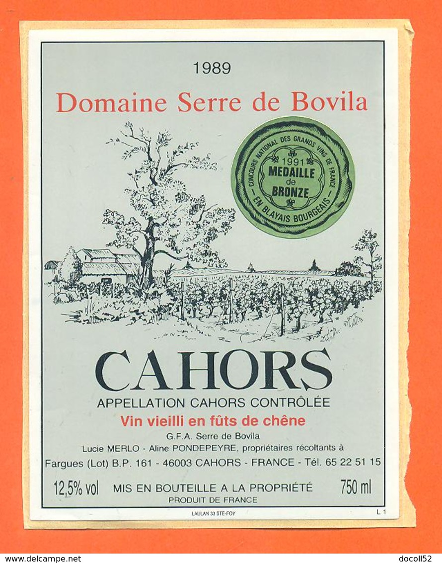 étiquette Autocollante Sur Support Cahors Domaine Serre De Bovila 1989 Aline Pondepeyre à Fargues - 75 Cl - Cahors