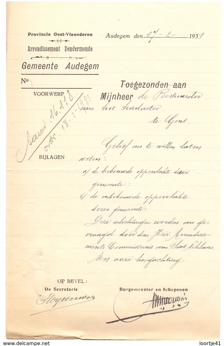 Brief Lettre - Gemeente Audegem - Oudegem  Naar Kadaster Gent  1931 + Antwoord - Non Classés