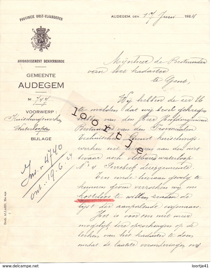 Brief Lettre - Gemeente Audegem - Oudegem  Naar Kadaster Gent  1924 - Non Classés