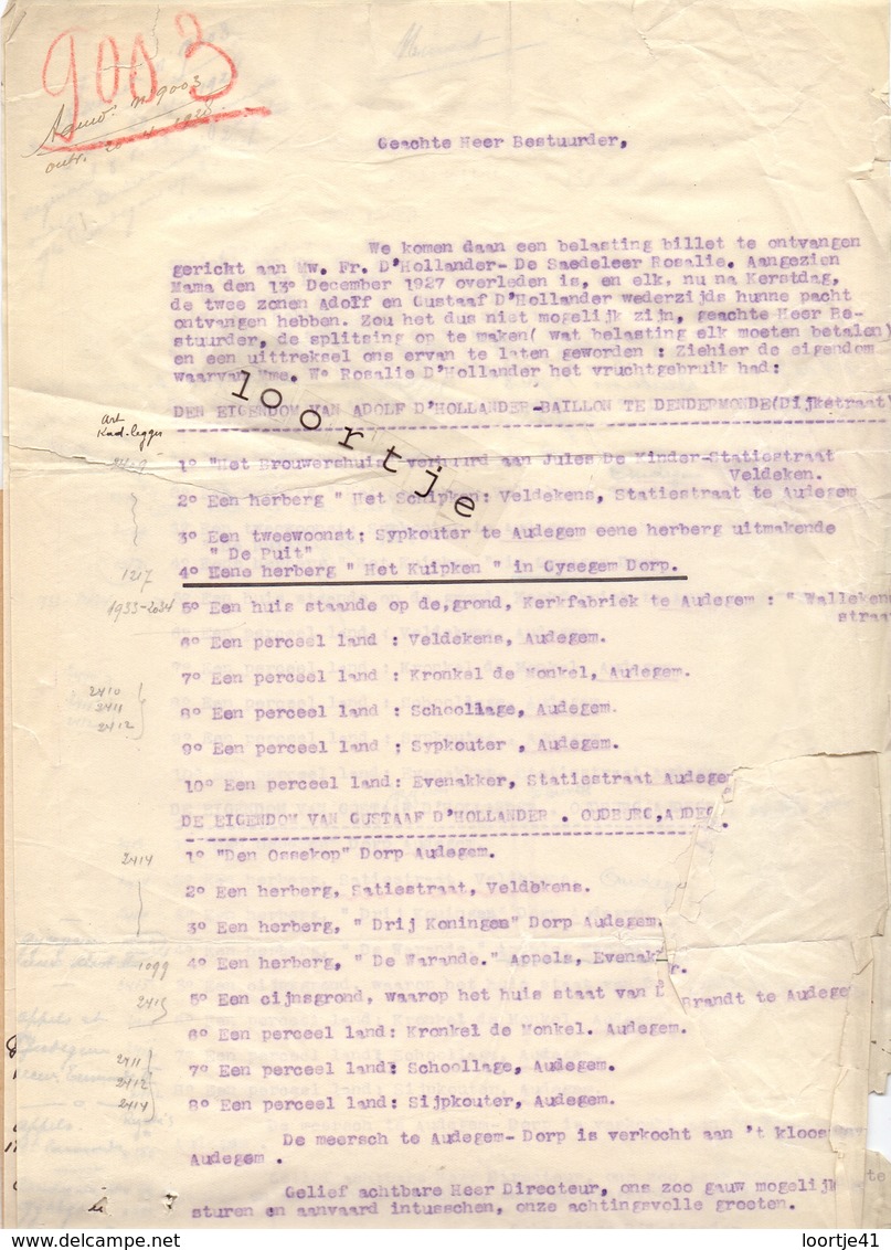 Brief Lettre - Gebr. D'Hollander Audegem - Oudegem Ivm Eigendommen Dendermonde Gijsegem + Antwoord 1928 - Non Classés