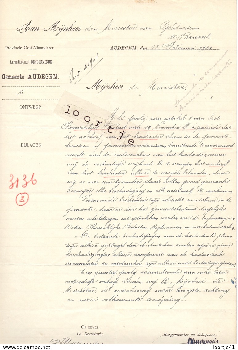 Brief Lettre - Gemeente Audegem - Oudegem  + Antwoord 1921 - 7 Stuks - Non Classés