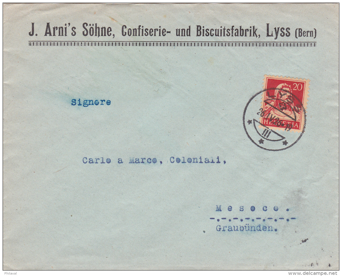 No 158 Sur Lettre De J.Arni's Söhne, Confiserie Und Biscuitsfabrik, LYSS, Oblitérée Le 26.IV.1926, Pour Mesoco - Briefe U. Dokumente