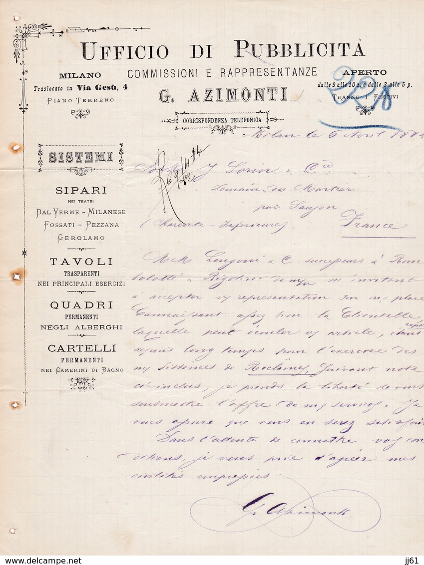 MILANO G AZIMONTI PIANO TERRENO UFFICIO DI PUBBLICITA SISTEMI SIPARI TAVOLI QUADRI CARTELLI ANNEE 1884 - Italie