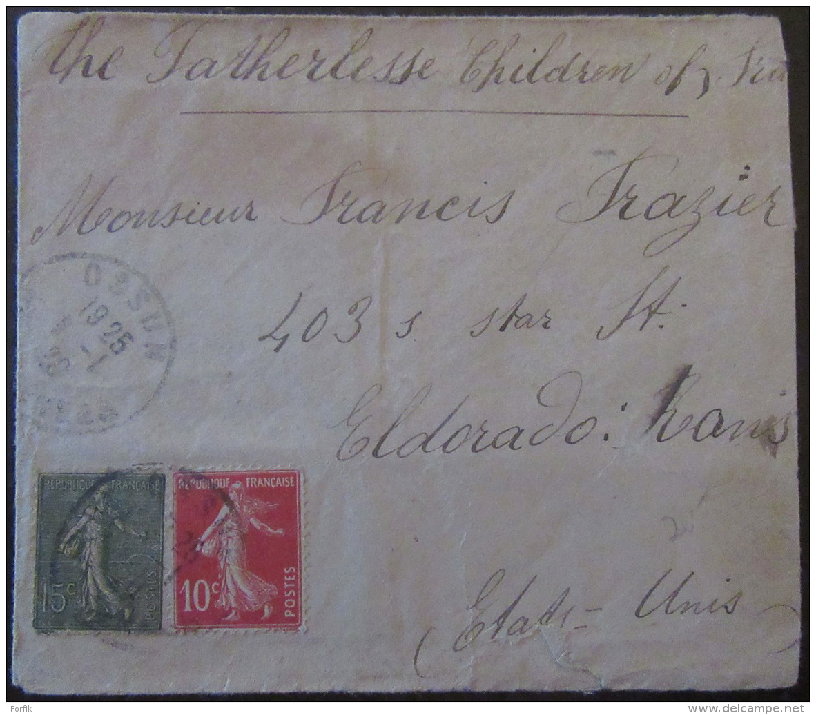 2 Timbres Semeuse 10c Et 15c YT N°130 Et 135 Sur Enveloppe France Vers Etats-Unis (Eldorado) - 1920 - 1877-1920: Période Semi Moderne