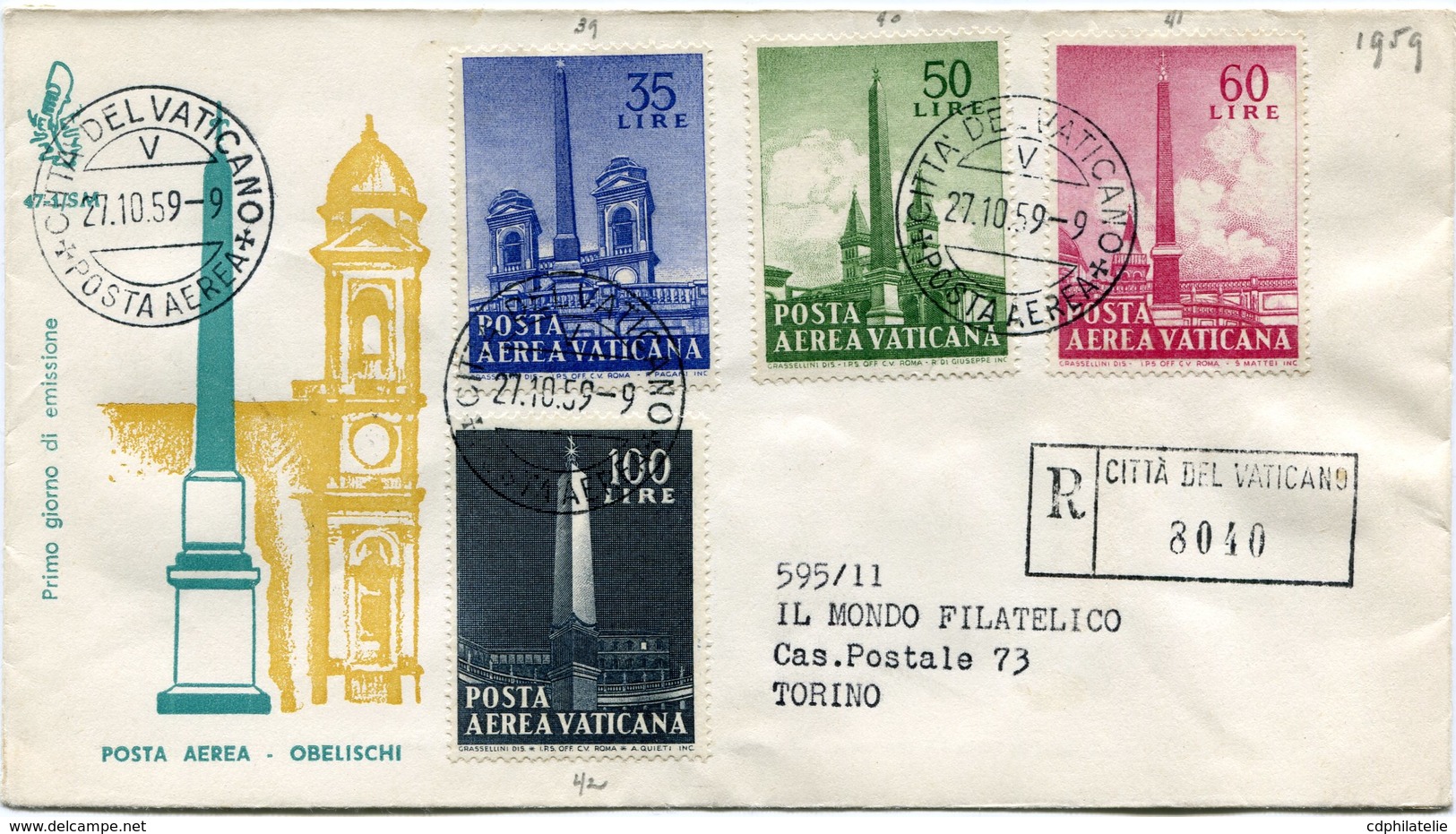 VATICAN LETTRE RECOMMANDEE DEPART CITTA DEL VATICANO 27-10-59 POSTA AEREA POUR L'ITALIE - Lettres & Documents