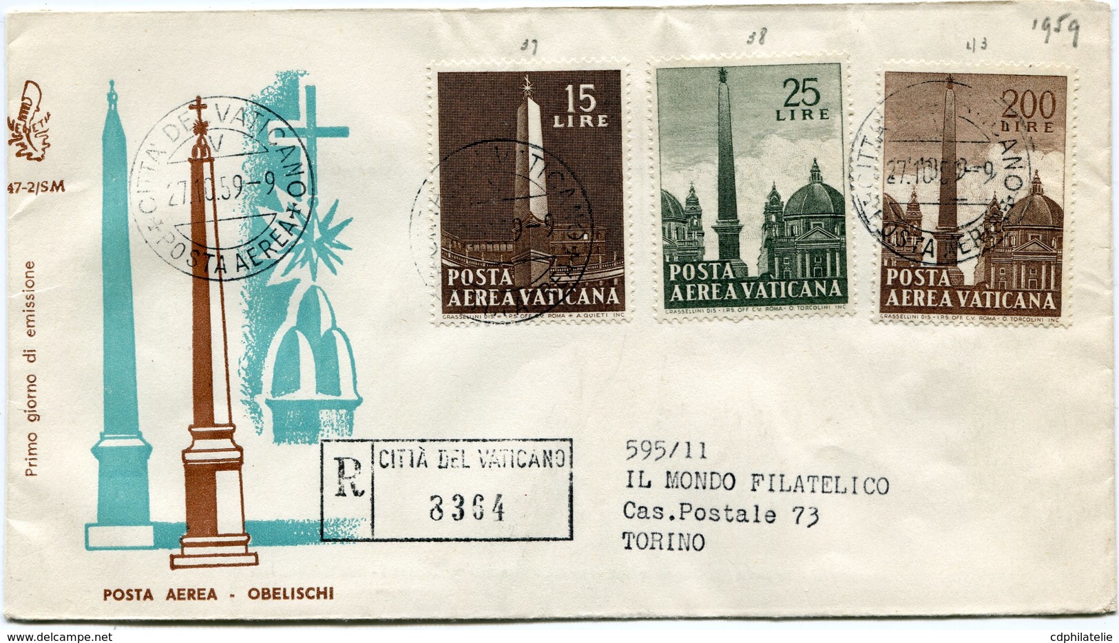 VATICAN LETTRE RECOMMANDEE DEPART CITTA DEL VATICANO 27-10-59 POSTA AEREA POUR L'ITALIE - Lettres & Documents