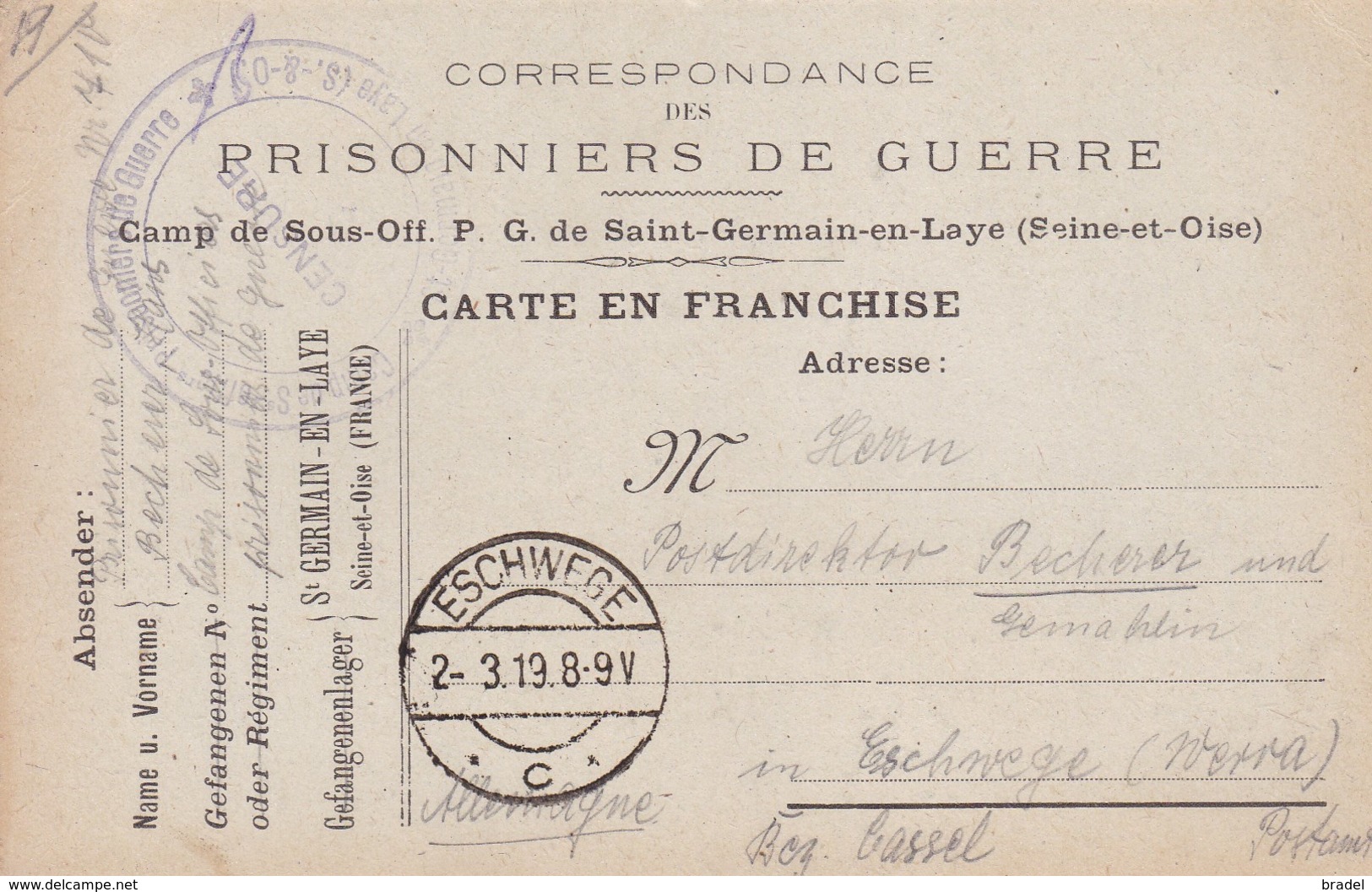 Carte Franchise Militaire Camp De Sous Officiers Prisonniers De Saint Germain En Laye Pour Eschwege - Lettres & Documents