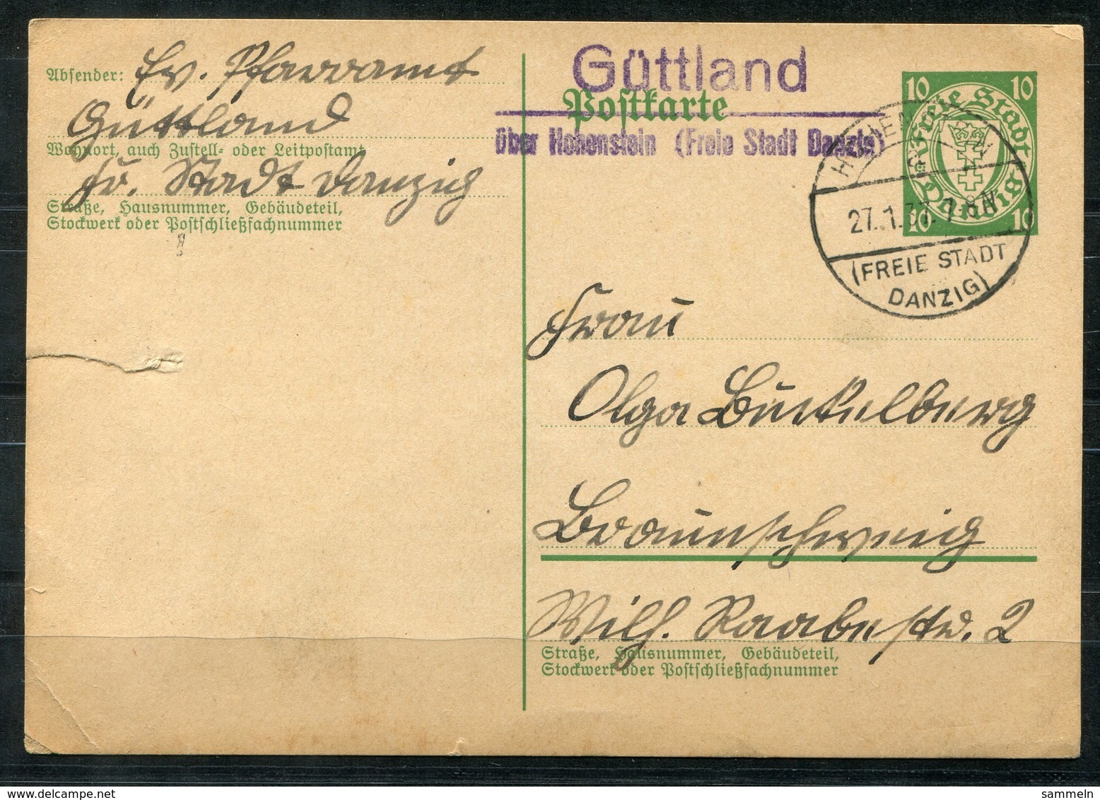 4076 - DANZIG - Ganzsache Mit Landpost-Stempel "Güttland / über Hohenstein" - Karte Links Einriss - Postwaardestukken