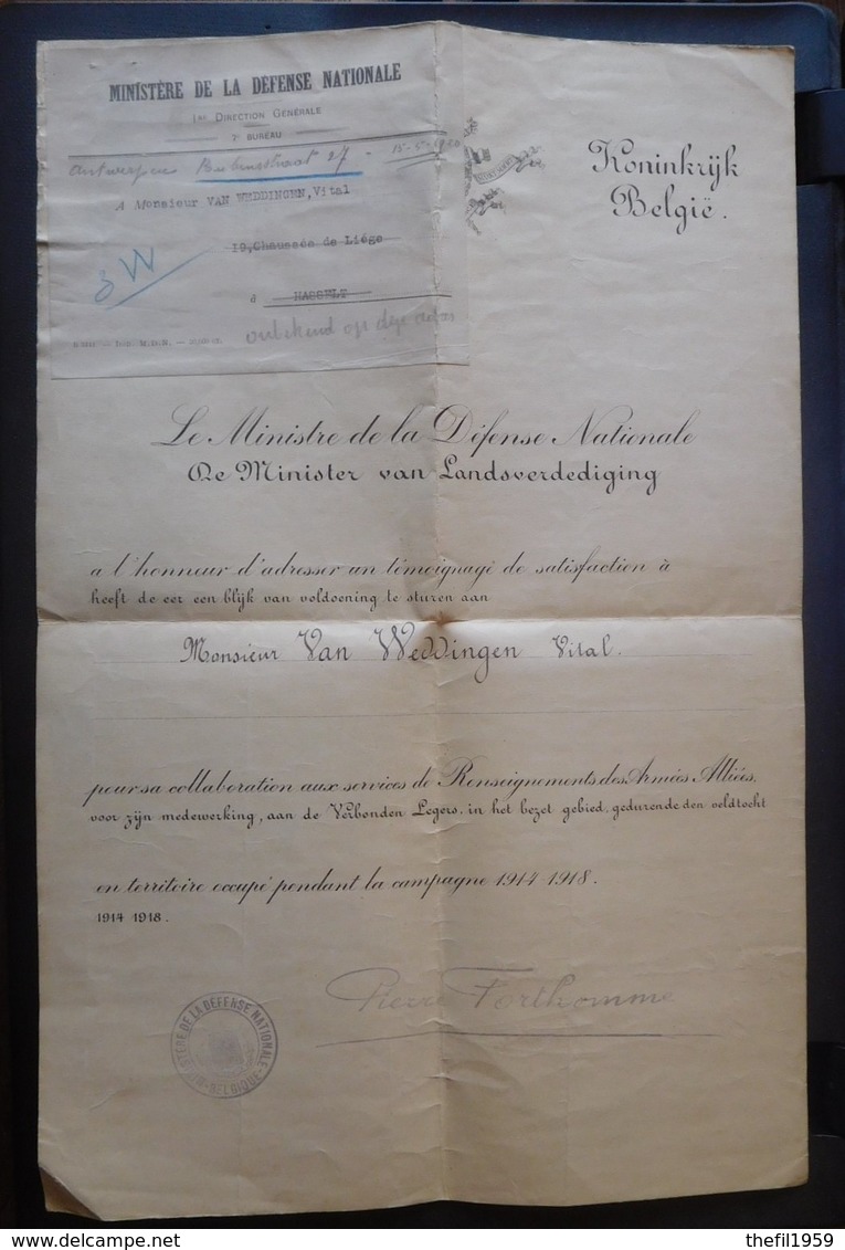 Diplôme Services Renseignements Des Armées Alliées 1914/1918 / Cachets Hasselt / Signature Pierre Forthomme - 1914-18