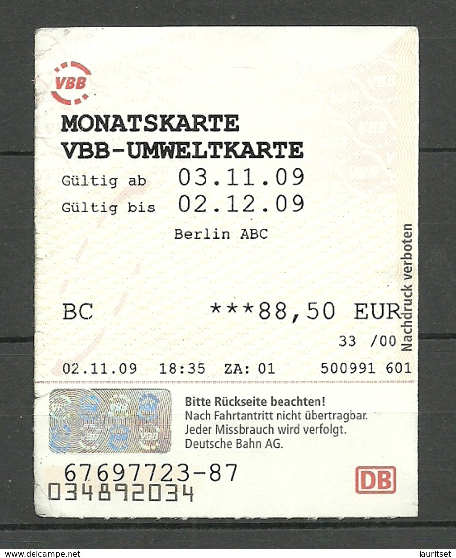 Deutschland 2009 Monatskarte Fahrkarte Ticket Tram Bus Trolleybus Public Transport Berlin - Europe