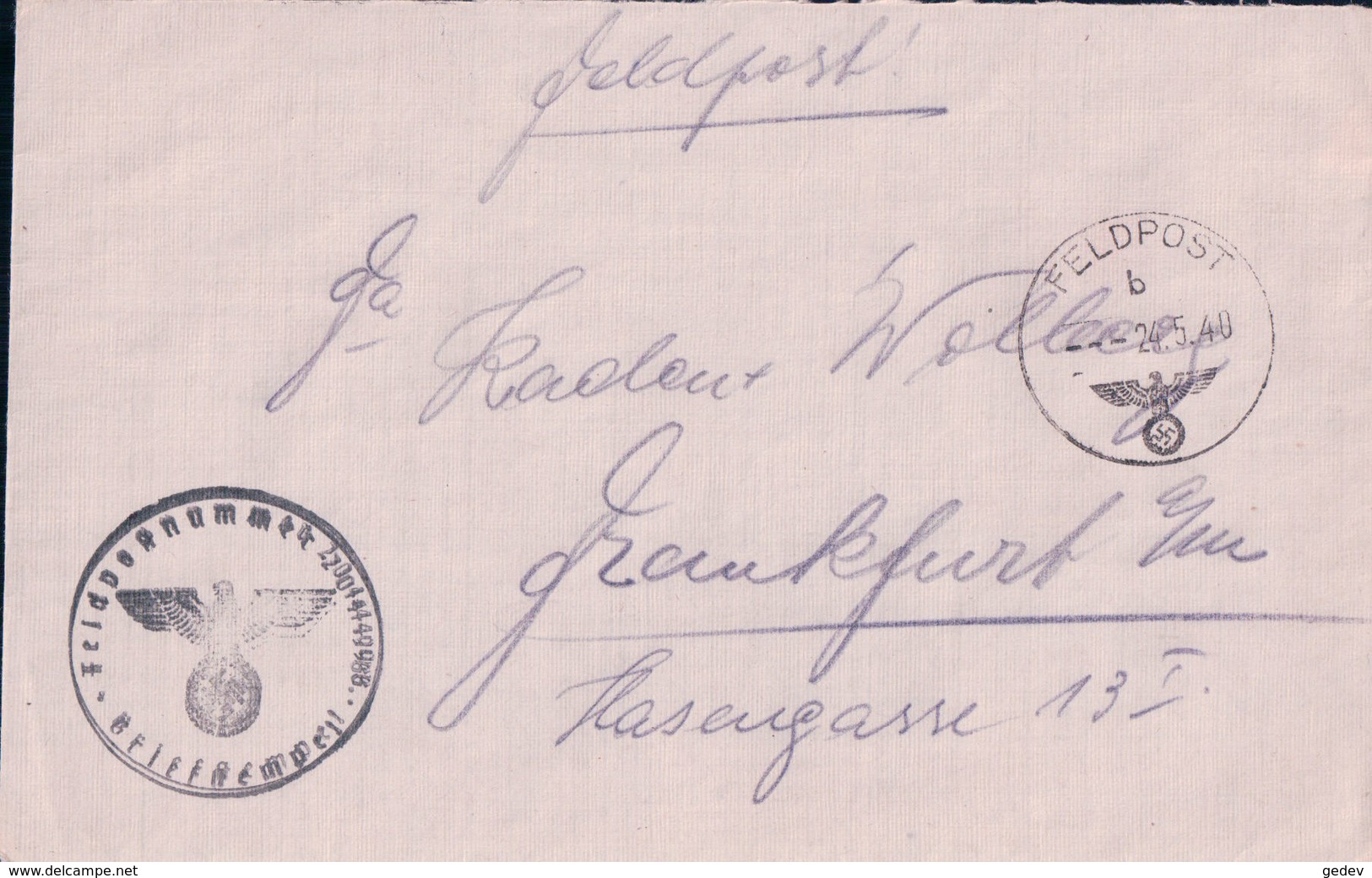 Deutsche Reich,  Lettre Censure, Feldpost 20449 B - Frankfurt, Cachet (24.5.40) - Lettres & Documents