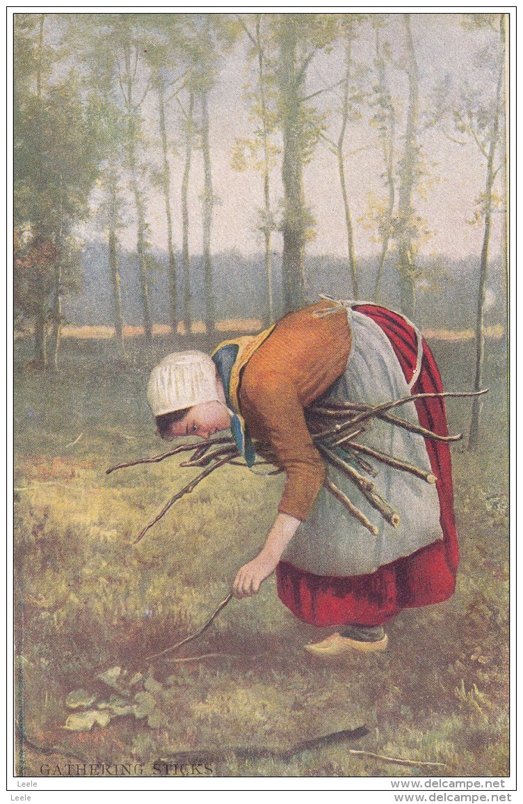 BV70.Vintage Postcard.Gathering Sticks. Woman Collecting Sticks In The Wood. - Other & Unclassified