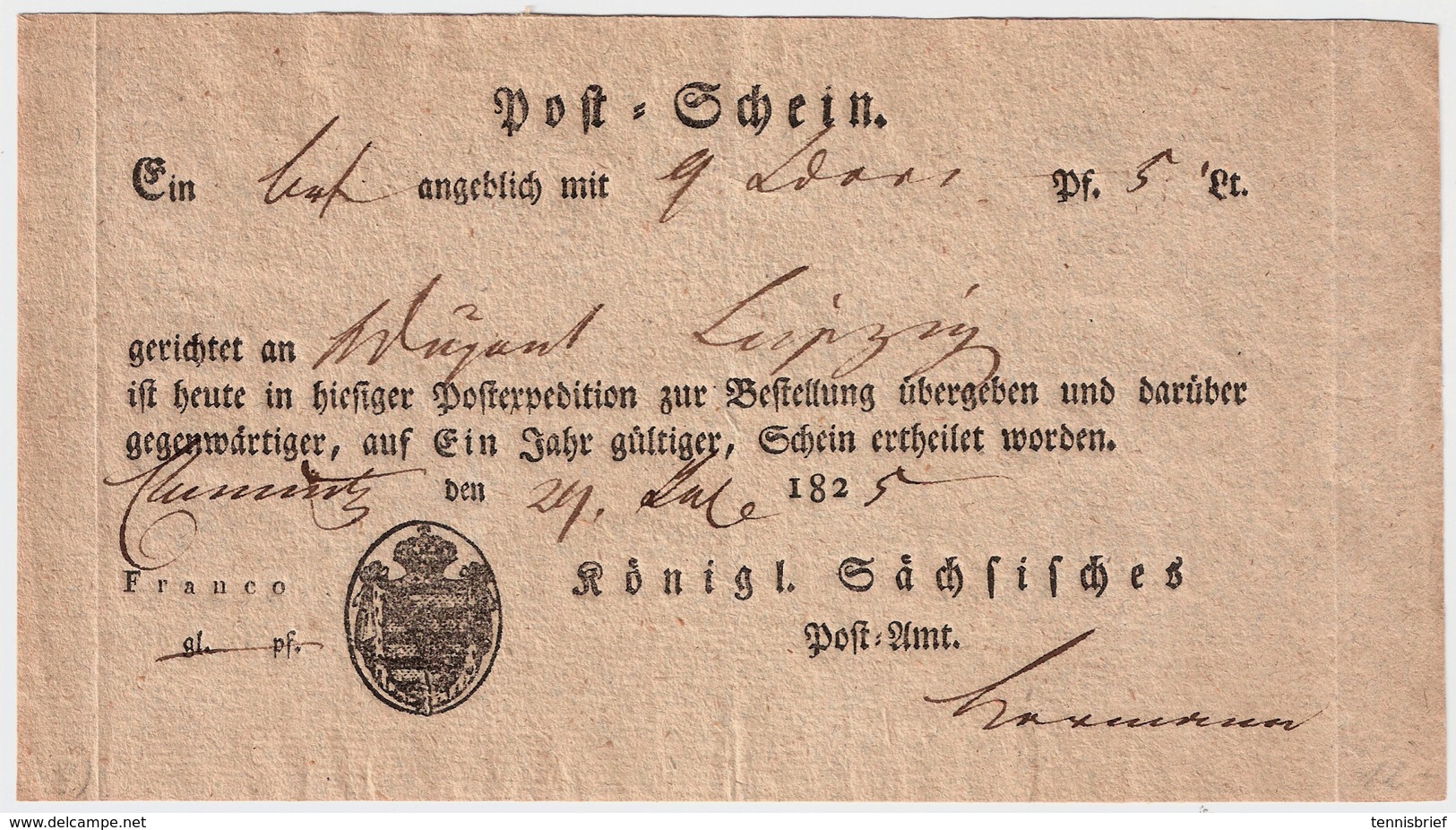 1825, Postschein " Chemnitz ", #a1223 - Saxony