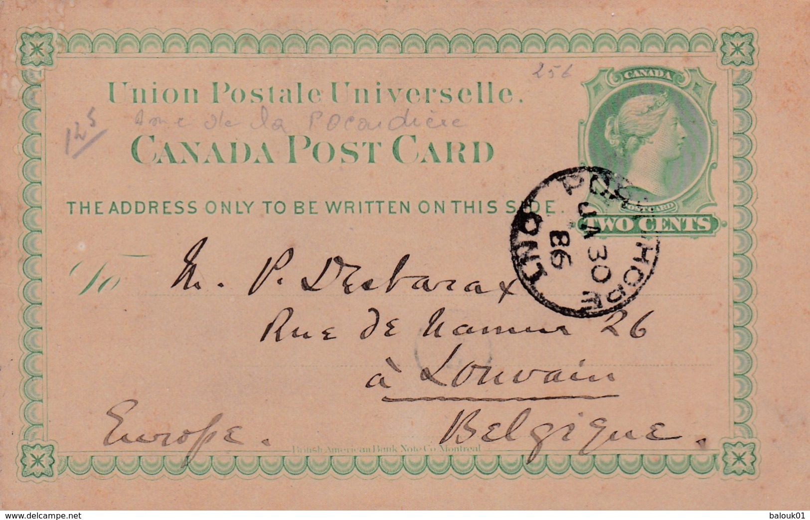 Canada Post Card Anne De La  Pocardière Vers Louvain (Belgique)1886 - Other & Unclassified