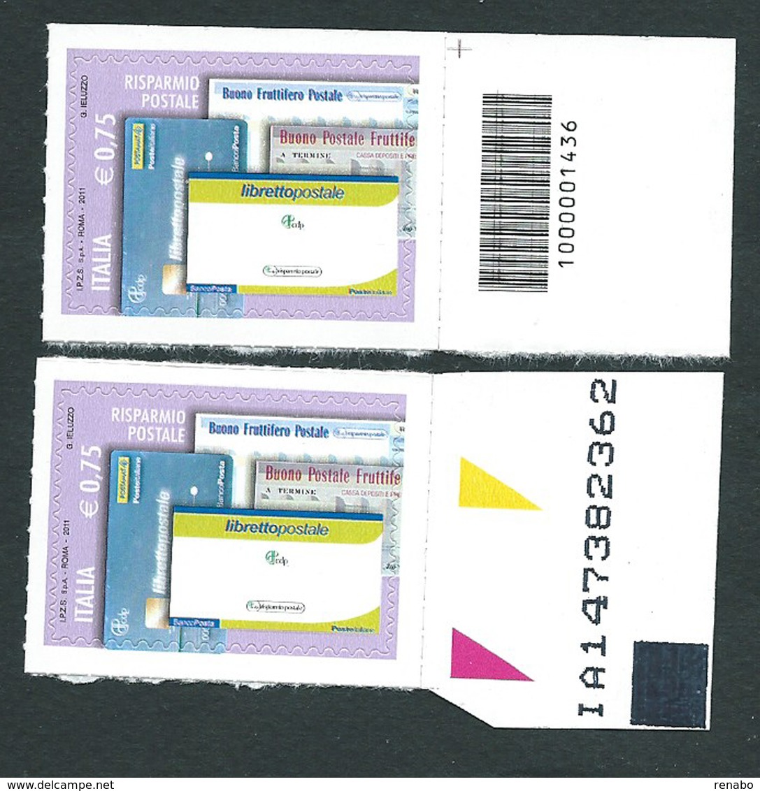 Italia 2011; Risparmio Postale Da € 0,75 ; Francobollo A Barre Superiori + Codice Alfanumerico - Code-barres