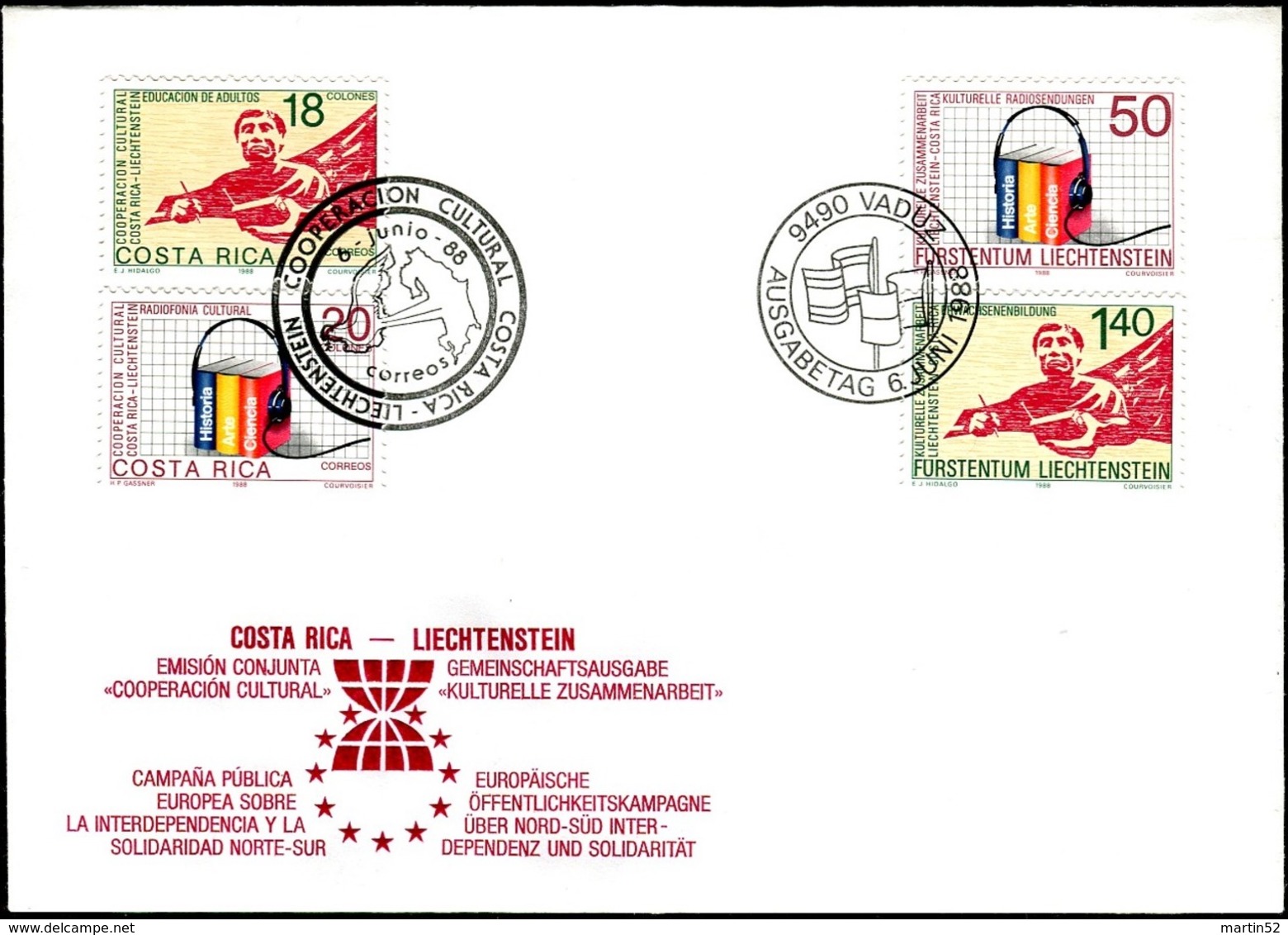 Liechtenstein 1988: Zu 886-887 Mi 945-946 & Costa Rica 1347-48 COOPERACION Auf Kombi-FDC (Zu CHF 4.00) - Emissions Communes