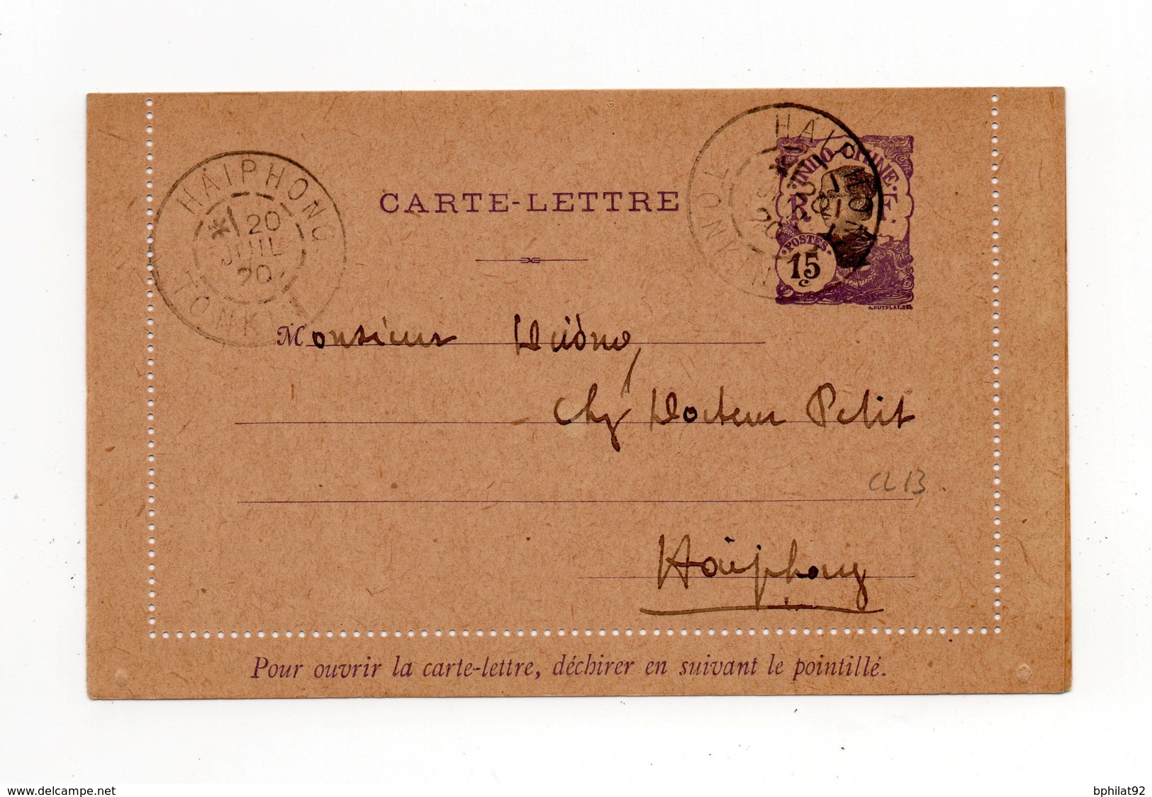 !!! PRIX FIXE : INDOCHINE, ENTIER POSTAL CL 13 CACHET DE HAIPHONG (TONKIN) DE 1920 POUR HAIPHONG - Lettres & Documents